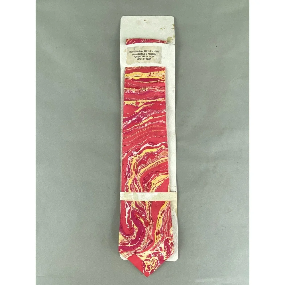 VTG Harmonie Sri Aurobindo Ashram Pure Silk Tie Hand Marbled Pink Gold 58x3